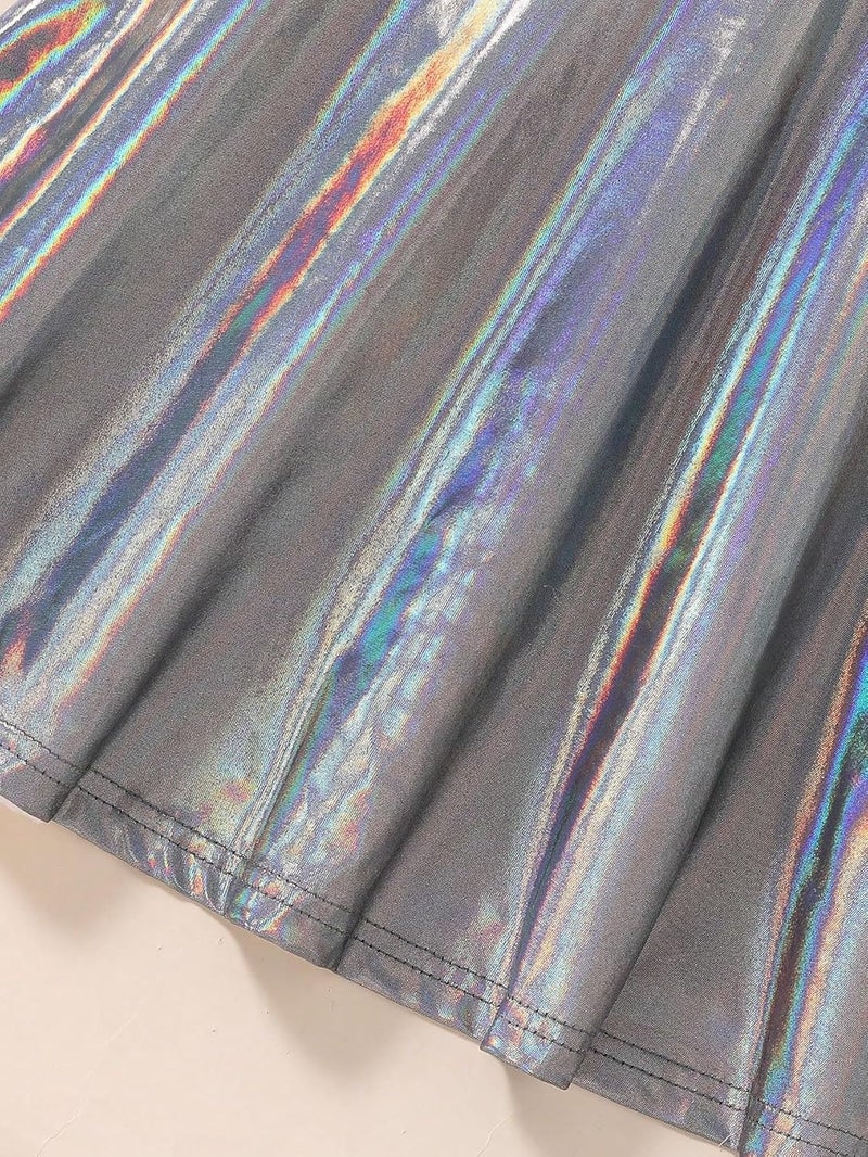 WDIRARA Girl's Metallic High Waist Overall Dress Holographic Suspender Party Flared Dresses - Image 3